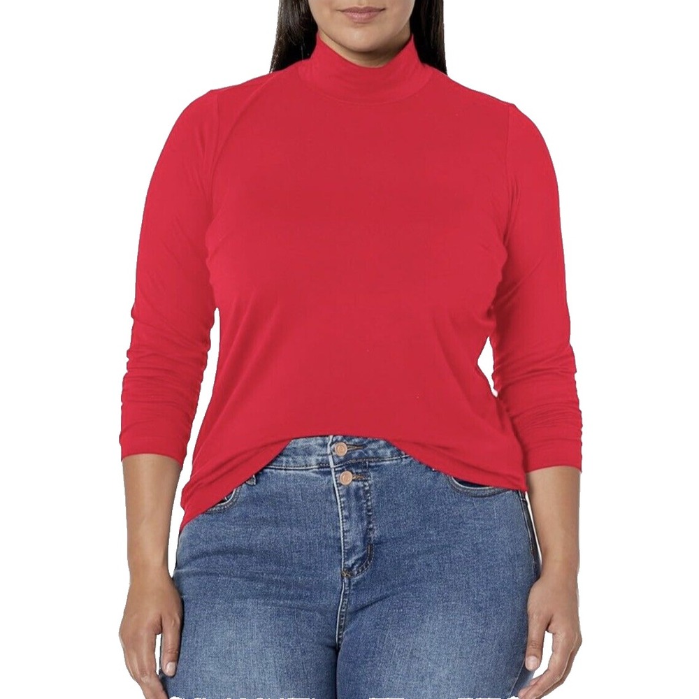 Avenue Womens Mock Neck Top 22/24 Red Cotton Stretch Long Sleeves NEW